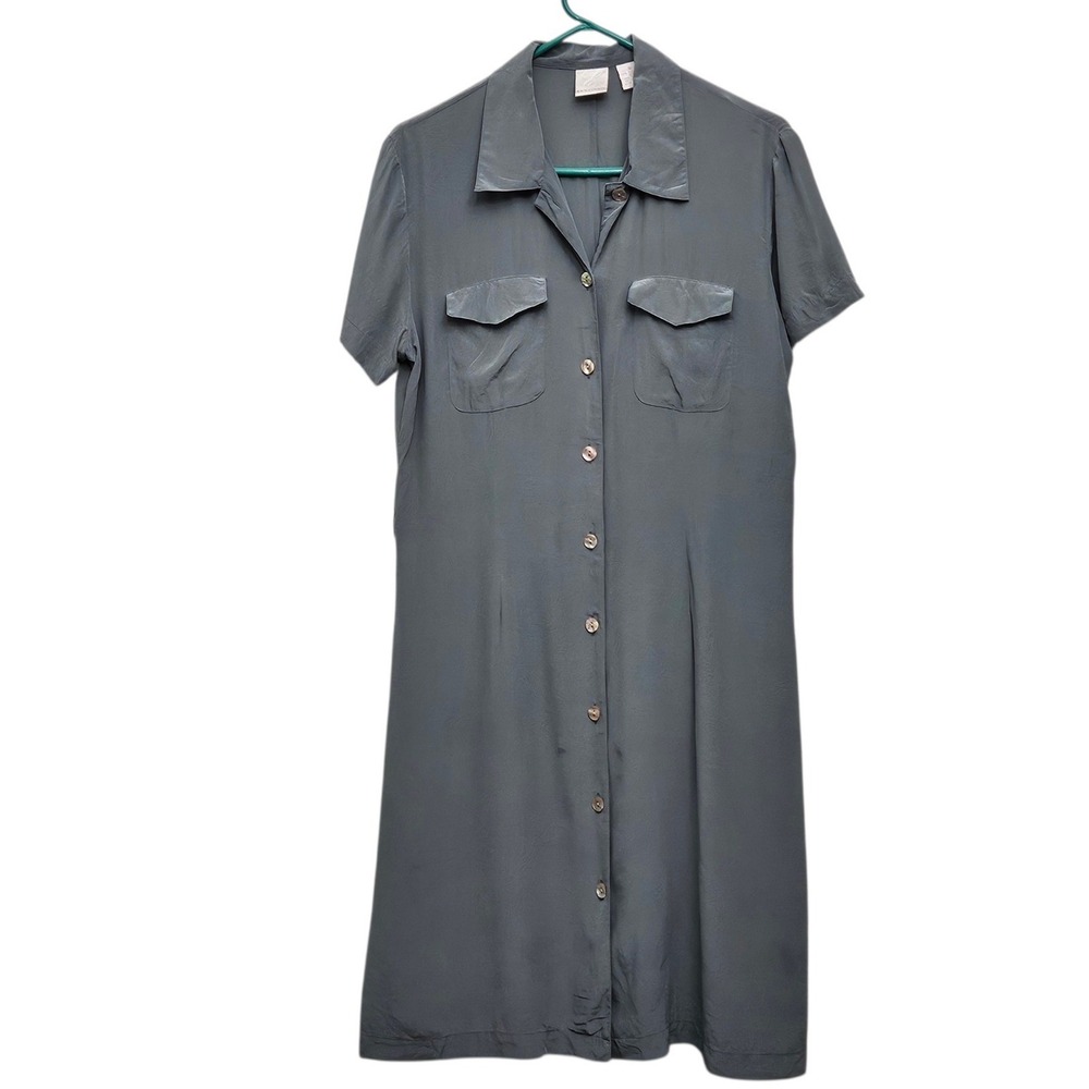 Emma James Shirt Dress Womens 10 Silk Slate Gray Short Sleeve Utility Minimalist